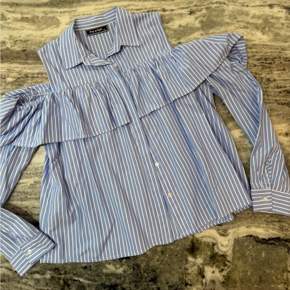 Blue Striped Cold Shoulder Flounce Ruffle Top - Picture 4 of 5